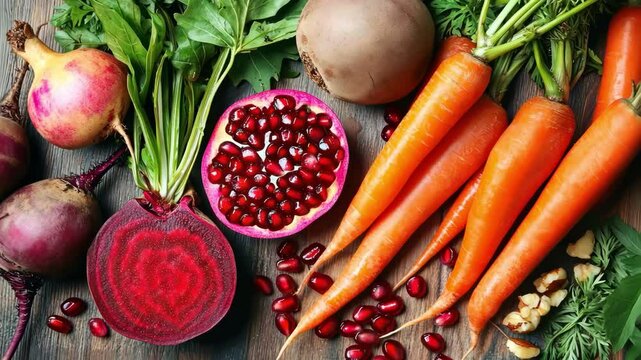 variety of fresh vegetables and pomegranate seeds arranged on rustic wooden surface creating rich vibrant mood