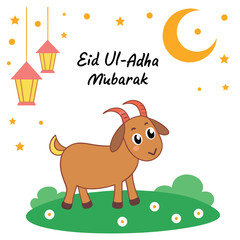 Fototapeta premium Cartoon goat stands joyfully on green grass celebrating Eid Ul Adha Mubarak