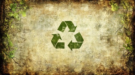 Aged Paper Texture Recycling Symbol Design, Distressed Parchment Background with Green Branches, Circular Economy Visualization, Eco-Conscious Surface Pattern, Industrial Symbiosis Concept Art