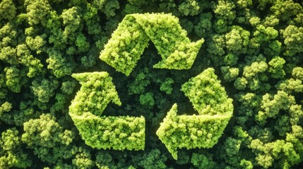 Forestry-Inspired Recycling Symbol, Dense Foliage Triangle Design, Aerial Forest Background Gradient, Circular Economy Visualization, Biophilic Surface Pattern Art