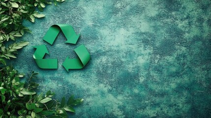 Textured Teal Background Design, 3D Geometric Recycling Symbol with Leaf Accents, Circular Economy Visualization, Sustainable Surface Pattern, Industrial Symbiosis Concept Art