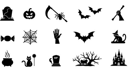 "Halloween Icons Set – Flat Spooky Symbols of Ghosts, Pumpkins, Witches, and More"

