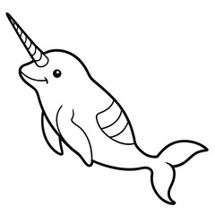 Obraz premium Adorable cartoon narwhal with a spiral tusk, expressive eyes, and textured stripes. Perfect for kids' books, stickers, logos, wall art, crafting, digital art, decor, and ocean-themed designs!