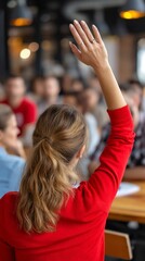 Woman raising hand in meeting, asking question, business conference, useful for educational or business articles