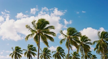Idyllic tropical scene featuring palm trees against a vibrant blue sky and clouds