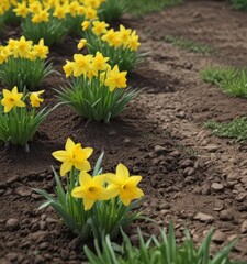 Obraz premium Bright yellow daffodils blooming near vibrant green seedlings in freshly tilled garden bed , plant, seedling