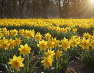 Sunlit field of vibrant yellow daffodils in full bloom , plants, garden, sunshine