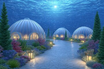 Obraz premium Underwater Night Village Illuminated Domes and Lush Gardens