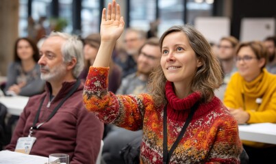 Woman raising hand in question at conference, audience in background