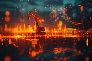 Oil rig at night, overlaid with financial data