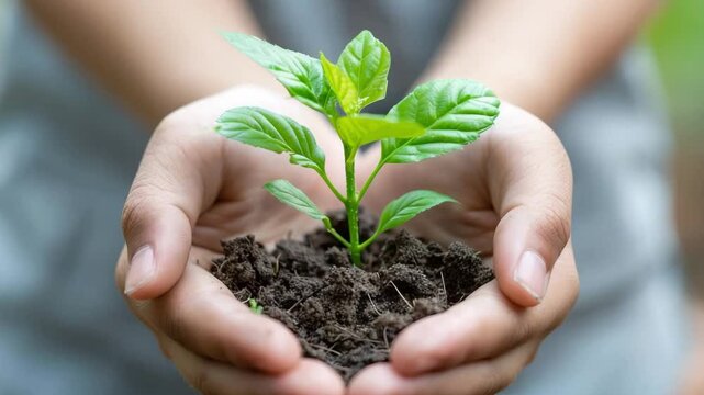 Nurturing a sapling in hands for a sustainable future and vibrant ecosystem
