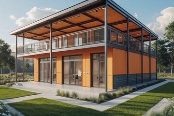 Obraz premium Exterior Perspective of a Sustainable Warehouse with Office Unit Design