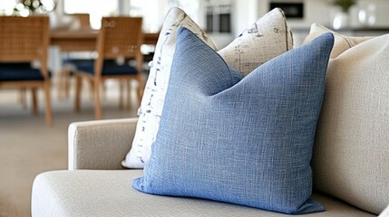 Soft blue cushion on beige sofa home decor interior design