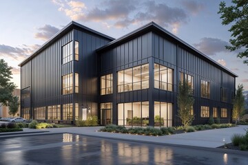 Obraz premium Chic Exterior of a Sprawling Warehouse and Discrete Office Segment Merging Operational Style with Contemporary Design