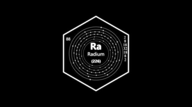 radium chemical element periodic table on background.animated periodic table.Shows name, atomic weight and element number.