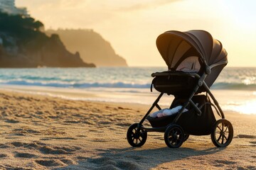 Baby stroller on a beach at sunset, capturing the serene moment of a family outing by the ocean, highlighting nature, warmth, and cherished memories in a relaxing environment.