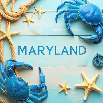 Blue crabs and starfish on wooden background with rope nautical theme