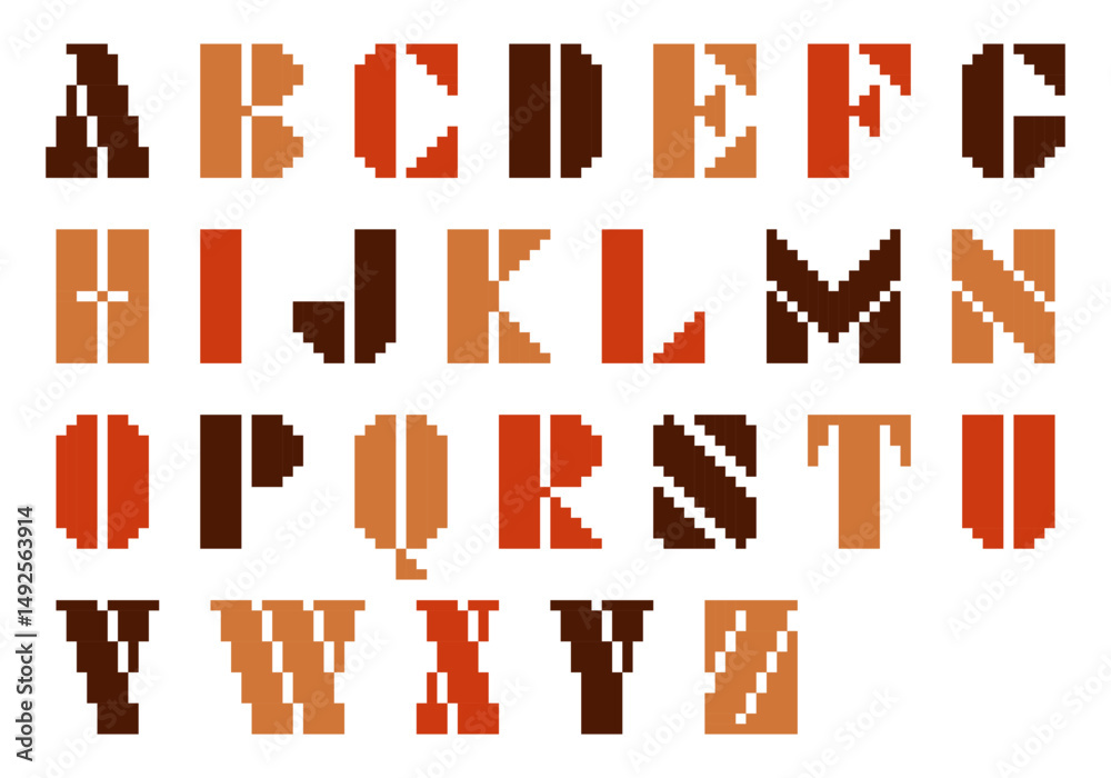 Fototapete pixel art a-z alphabet with a brown and orange background. the letters are outlined in different col