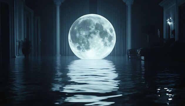 Full moon in a flooded ancient room