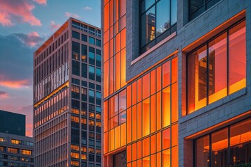 Exquisite Building Corner Highlighted by Geometric Orange Squares in a Vibrant Cityscape