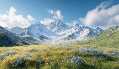 Snowy mountain range, wildflowers, bright sunlight