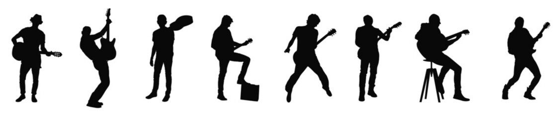 Vector set Silhouette of guitarists poses isolated vector design.