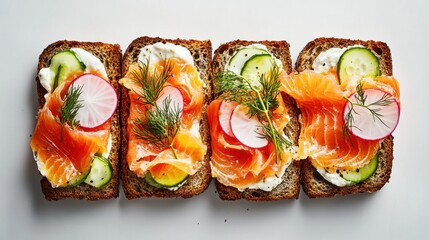Four open-faced sandwiches with smoked salmon, cream cheese, cucumber, and radish