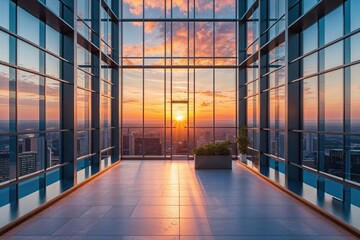 Sleek Financial Firm Office Exterior with Panoramic Windows and Radiant Sunset Backdrop