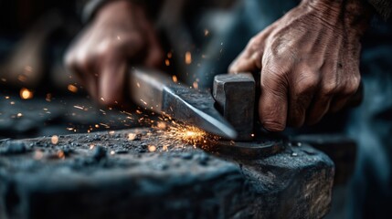 Close-Up of Hands Sharpening Axe Blade