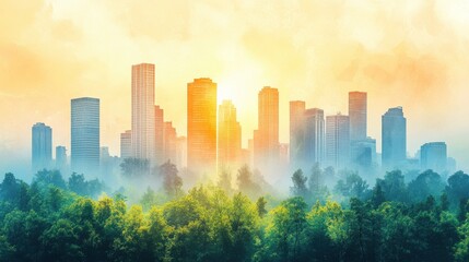 Fototapeta premium Sunrise Cityscape Emerging from Lush Forest