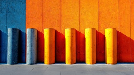 Colorful pillars against vibrant wall, casting shadows