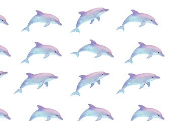 Naklejka premium 神秘的な淡い光、優雅に泳ぐイルカの群れ。幾何学模様、幻想的な水中世界。