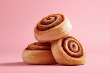 Fototapeta premium Cinnamon rolls stacked on a pink background, showcasing their delicious swirls and inviting texture