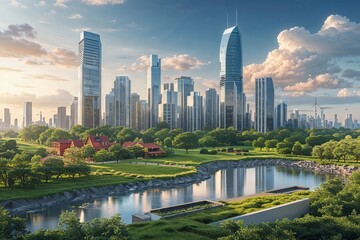 Obraz premium Urban Skyline Harmony: Dynamic Cityscape Scene with Tranquil Rural Nexus and Modern Design Elements