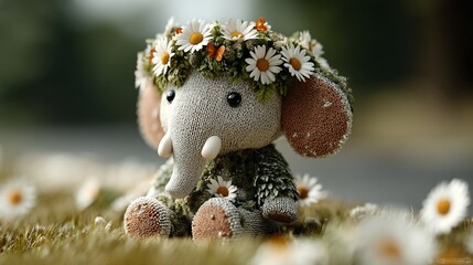 Obraz premium Cute elephant doll with flower crown, sitting in grass