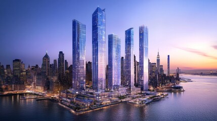 Fototapeta premium Stunning sunset view of modern skyscrapers by the water