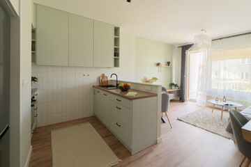 Kitchen layout, open plan interior design. Modern residential space with wooden island, integrated cabinetry, and accent wall. Functional interior solution for new home construction and development.