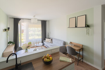 Living and dining salon viewed from a modern kitchen. The open space shows a dining set, sofa, and large windows. Kitchen island and green accent wall frame this bright European home interior.