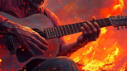 Obraz premium A weathered man plays acoustic guitar amidst fiery embers, a dramatic scene of resilience and musical expression