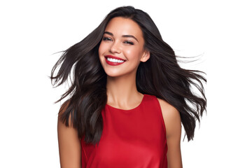 Smiling young woman with long flowing dark hair in red sleeveless top, isolated on transparent background