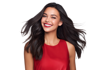 Smiling young woman with long flowing dark hair in red sleeveless top, isolated on transparent background