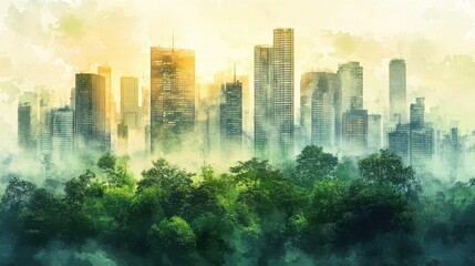 Sunrise Cityscape with Misty Trees