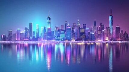 Fototapeta premium Vibrant cityscape at night, reflected in calm water. Glowing skyscrapers, illuminated skyline