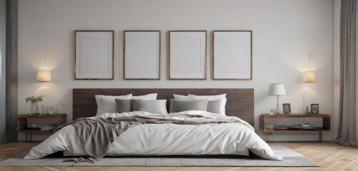 Bright contemporary bedroom, empty picture frames,  airy,  stylish,  interior design