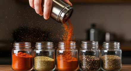 Colorful Spice Collection: A culinary journey with vibrant seasonings in glass jars
