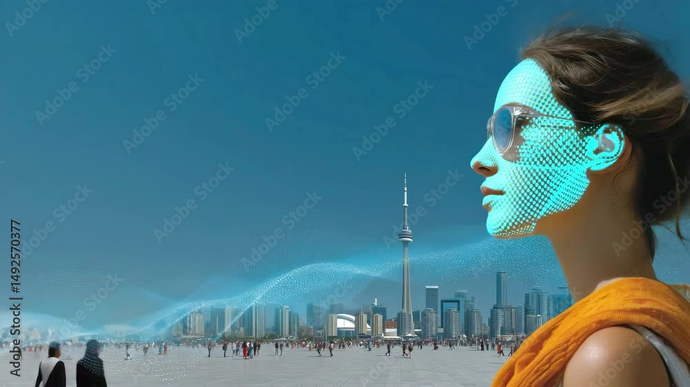 Poster a man stands at the edge of a vibrant urban landscape featuring skyscrapers. he interacts with futur