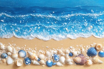 Beautiful sandy beach with seashells and ocean waves creating a serene coastal atmosphere, perfect for travel, relaxation, and summer vibes, ideal for backgrounds and prints.