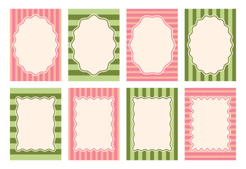 Set of striped pink and green backgrounds with frame, text field. Scalloped wavy frame on pink, green background. Horizontal template for text fields, invitations, advertisements, labels.