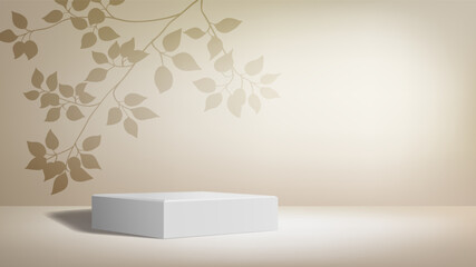 Studio background with square 3D cube podium. Neutral beige and white colors, tree leaves shadow on wall. Stage for product presentation with light spot. Empty vector horizontal banner, HD template.