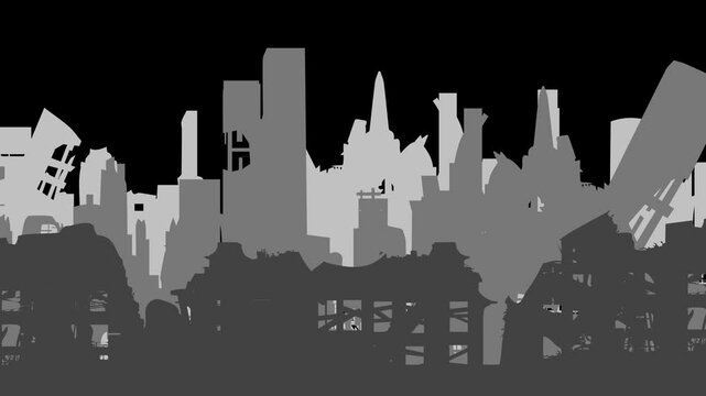 Destroyed Skyline Silhouette in Black and Grey